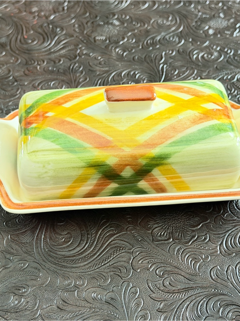 Vintage Vernonware Hand-Painted Ceramic Butter Dish in Yellow, Orange & Green